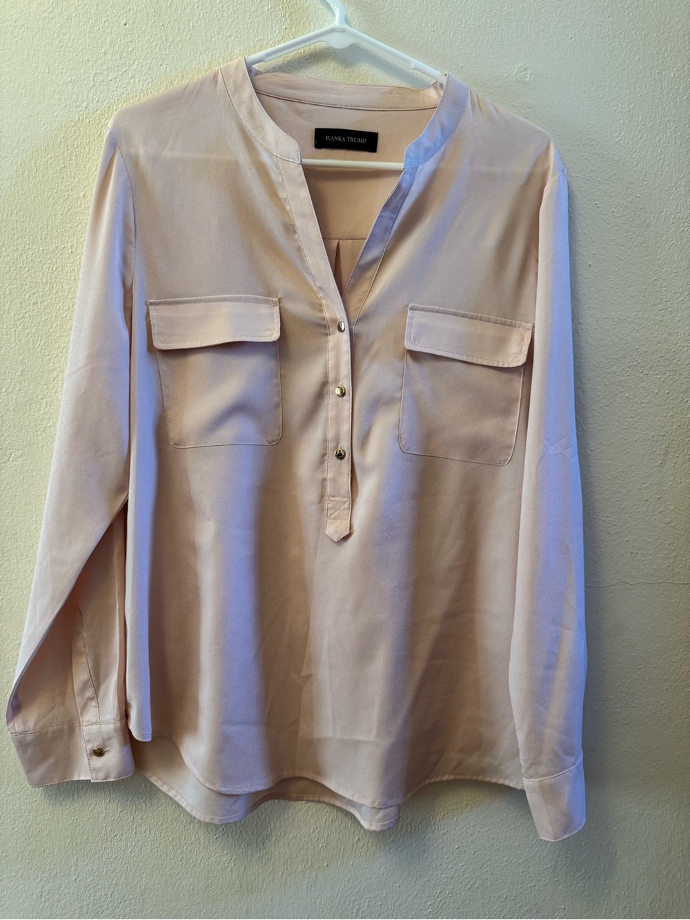 Ivanka Trump Blush Pink Satin Blouse, Utility Pocket, Long Sleeve V-Neck Top